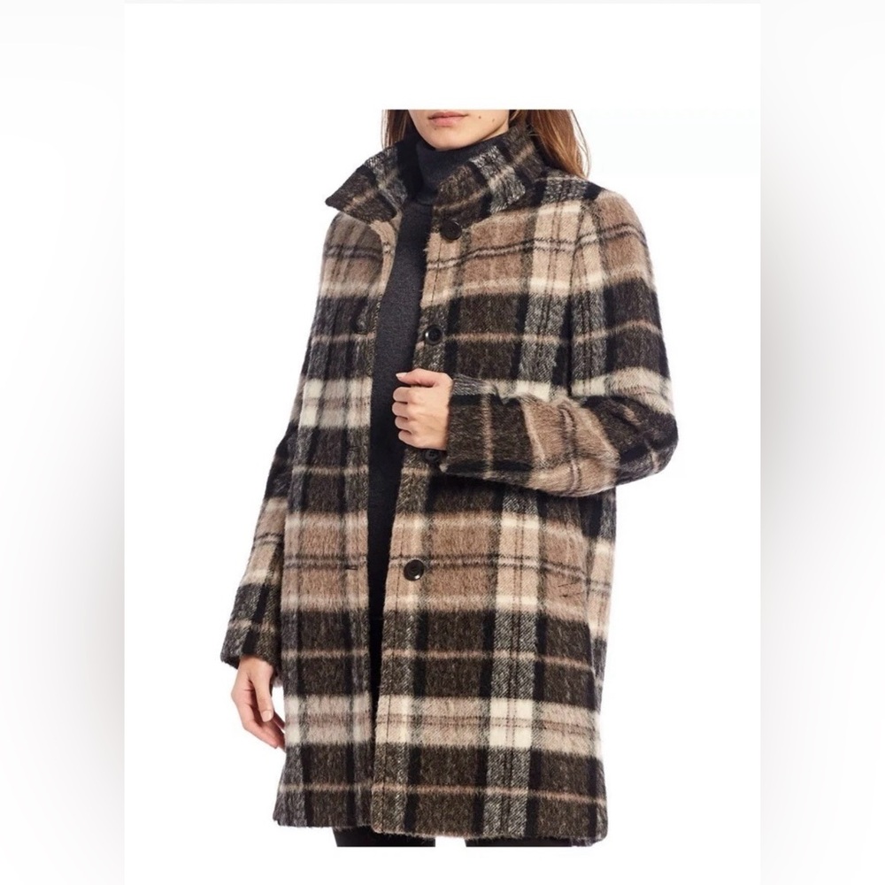 Katherine Kelly Brown Black Beige Plaid ALPACA Coat Size 16, NWT